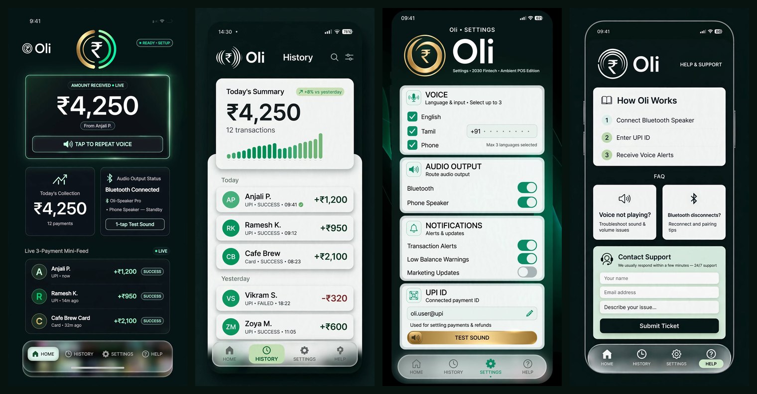Oli screens: Home, History, Settings and Help
